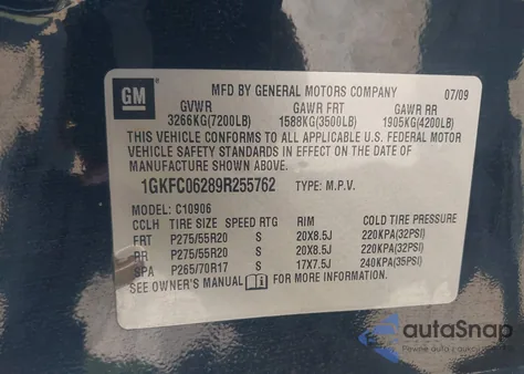 2009 GMC Yukon Xl 1500 Denali z USA, uszkodzony, nr VIN 1GKFC06289R255762